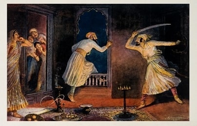 A 20th century depiction of Shivaji (right) attacking Shaista Khan, as he tries to flee by artist M.V. Dhurandhar